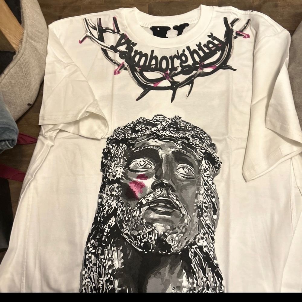 VLONE  Yamborghini White Tee with Black Graffiti Script and Purple Highlights